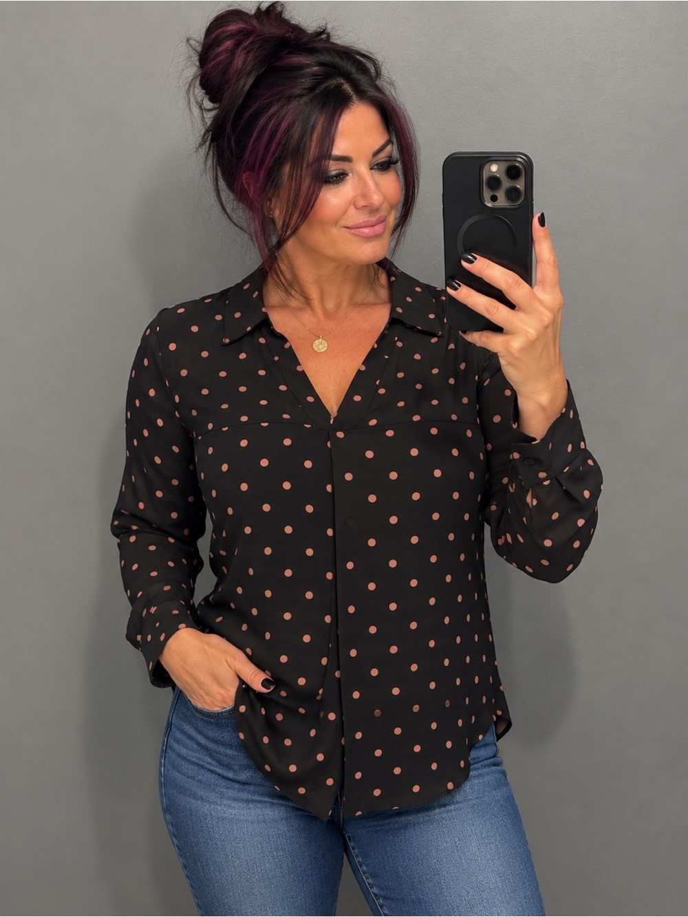 Maurices Black Brown Polka Dot Long Sleeve Blouse L